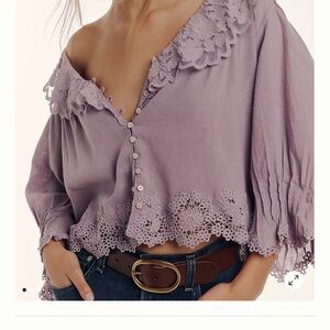 By Anthropologie Linen Lace Collared Blouse size S